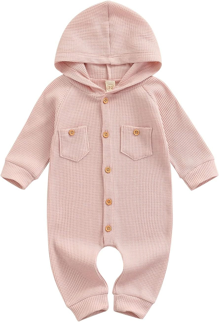 Winter Newborn Baby Boy Girl Solid Romper Unisex Infants Hooded Outfit Clothes Waffle Cotton Button Jumpsuits