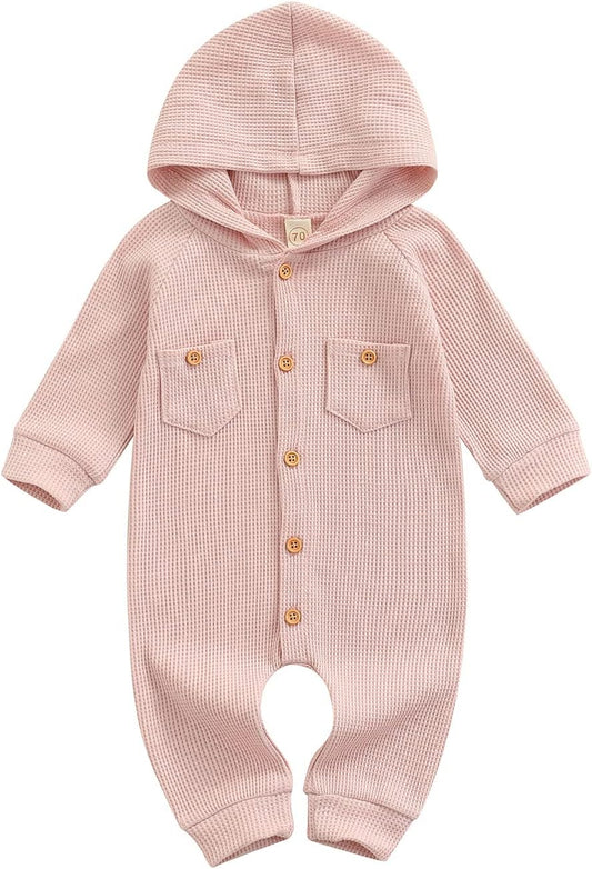 Winter Newborn Baby Boy Girl Solid Romper Unisex Infants Hooded Outfit Clothes Waffle Cotton Button Jumpsuits