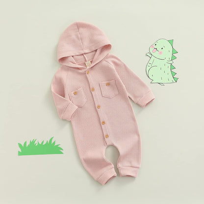 Winter Newborn Baby Boy Girl Solid Romper Unisex Infants Hooded Outfit Clothes Waffle Cotton Button Jumpsuits