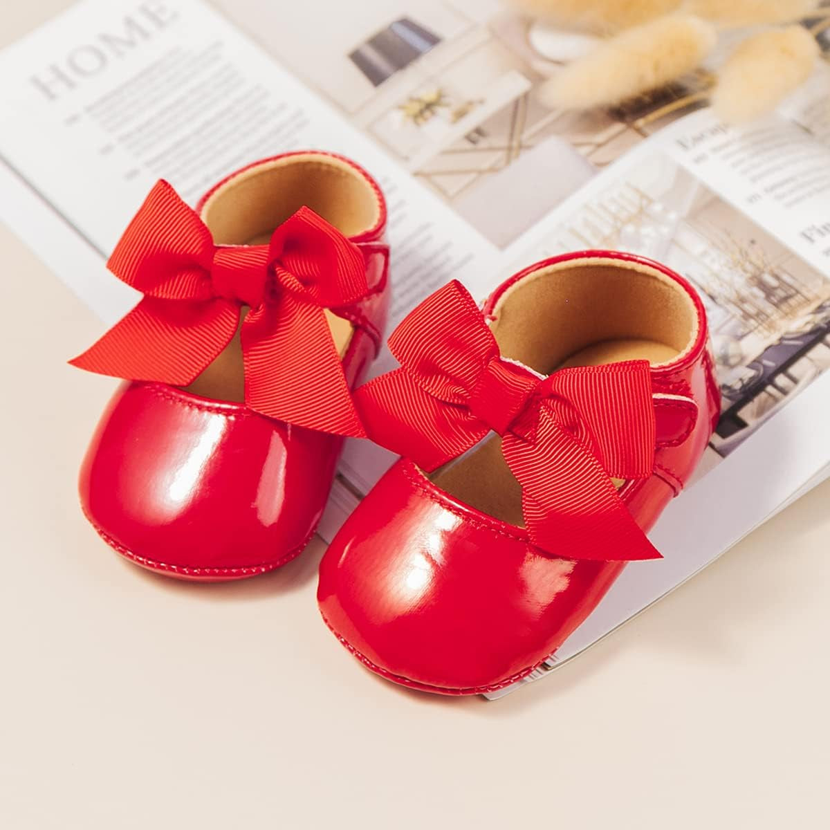 Baby Girls Premium Bowknot Mary Jane Flats Wedding Princess Dress Shoes Rubber Sole PU Leather Infant Toddler Walking Moccasins Crib Shoes