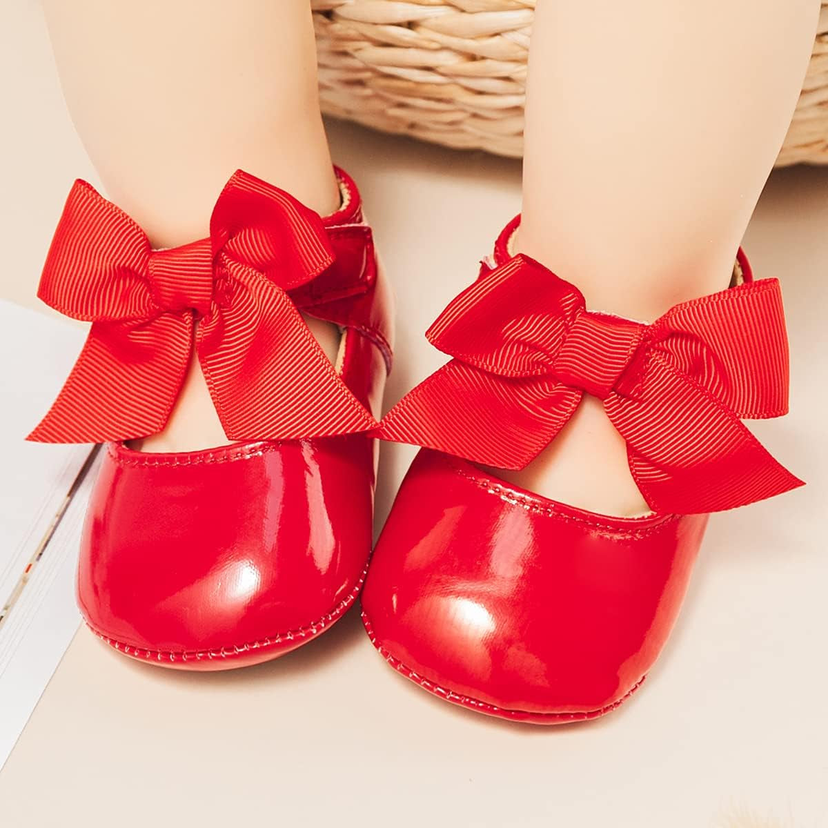 Baby Girls Premium Bowknot Mary Jane Flats Wedding Princess Dress Shoes Rubber Sole PU Leather Infant Toddler Walking Moccasins Crib Shoes