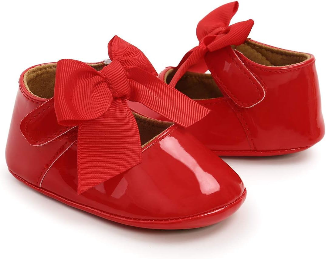 Baby Girls Premium Bowknot Mary Jane Flats Wedding Princess Dress Shoes Rubber Sole PU Leather Infant Toddler Walking Moccasins Crib Shoes