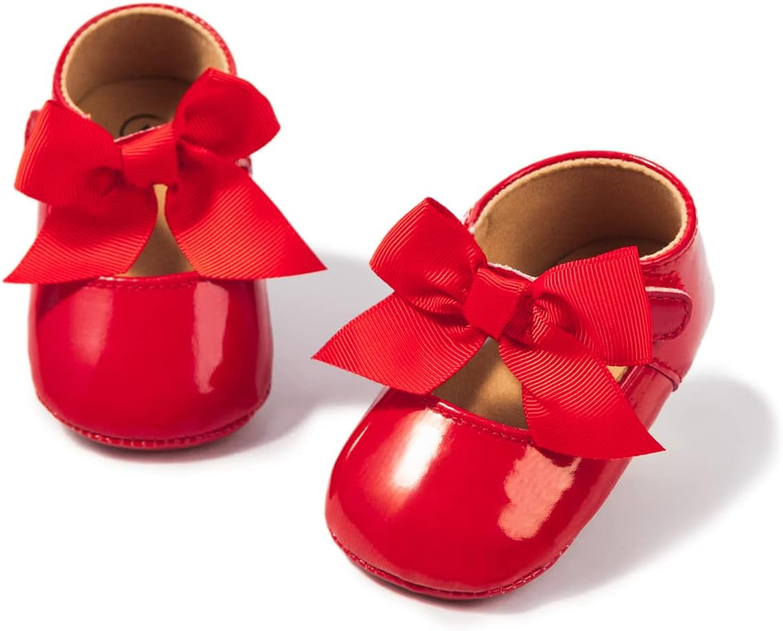 Baby Girls Premium Bowknot Mary Jane Flats Wedding Princess Dress Shoes Rubber Sole PU Leather Infant Toddler Walking Moccasins Crib Shoes